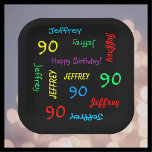 90ste verjaardagsfeestje, Herhalende Naam, Zwart V Papieren Bordje<br><div class="desc">Wat een geweldig, gepersonaliseerd papieren bord voor een 90ste verjaardagsfeestje of een andere gelegenheid. Naam en leeftijd worden herhaald in verschillende lettertypen en primaire kleuren op een zwarte achtergrond. Eenvoudig te personaliseren - VERANDER GEWOON NAAM, LEEFTIJD en GELEGENHEID OP ÉÉN PLAATS. Ondersteunt naam tot 9 tekens. Een kleurrijke en leuke...</div>