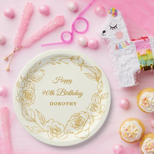 90ste verjaardagsfeestje Luxe Goud Roos Bloemenivo Papieren Bordje (Feest)