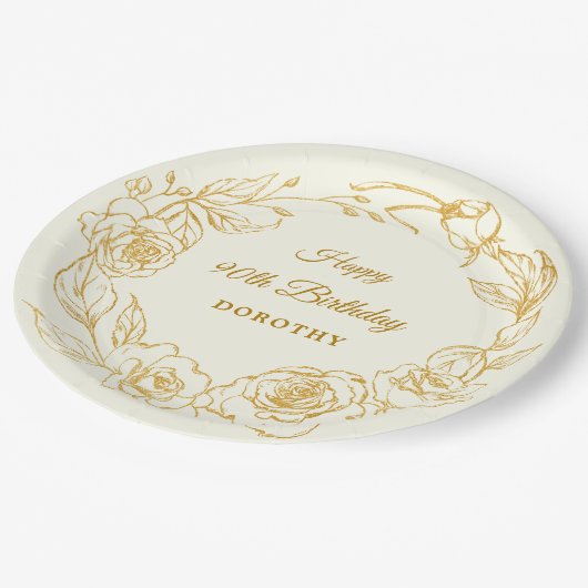 90ste verjaardagsfeestje Luxe Goud Roos Bloemenivo Papieren Bordje (Gekanteld)