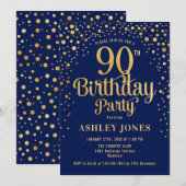 90ste verjaardagsfeestje - Navy & Gold Kaart (Voorkant / Achterkant)