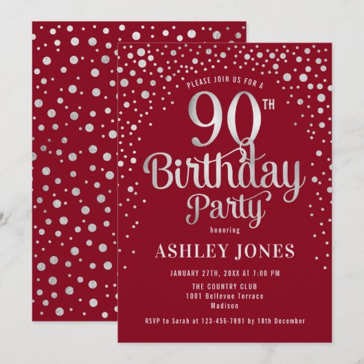 90ste verjaardagsfeestje - Rood & Zilver Kaart (Voorkant / Achterkant)