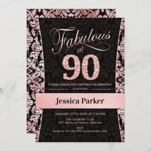 90ste verjaardagsfeestje - Roos Goud Zwart Kaart (Voorkant / Achterkant)