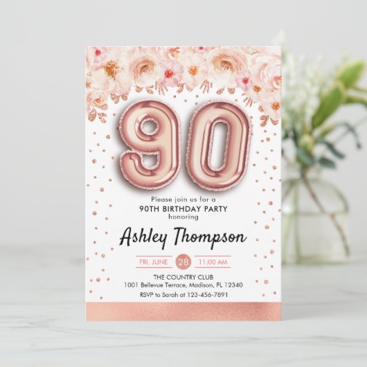 90ste verjaardagsfeestje - Roos gouden ballonnen Kaart (Staand voorkant)