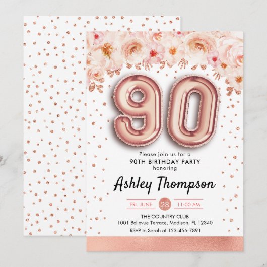 90ste verjaardagsfeestje - Roos gouden ballonnen Kaart (Voorkant / Achterkant)