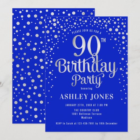 90ste verjaardagsfeestje - Royal Blue & Silver Kaart (Voorkant / Achterkant)