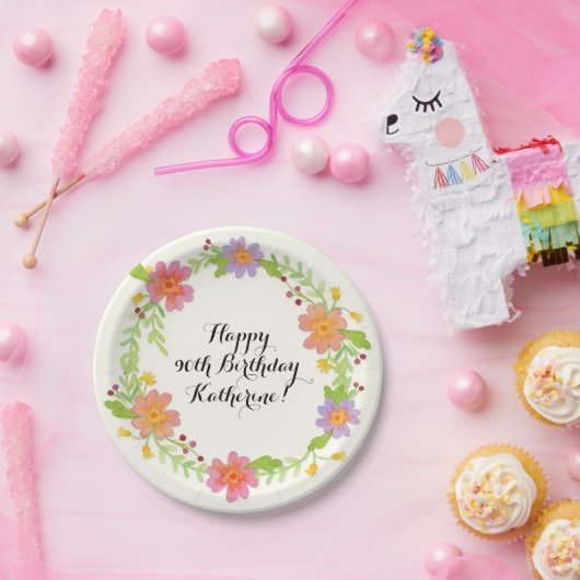 90ste verjaardagsfeestje Waterverf Modern Floral Papieren Bordje (Feest)