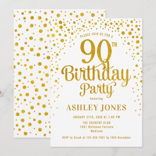 90ste verjaardagsfeestje - Wit & Goud Kaart (Voorkant / Achterkant)