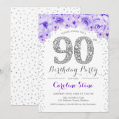 90ste verjaardagsfeestje - wit zilver Paarse Kaart (Voorkant / Achterkant)