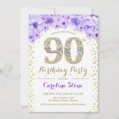 90ste verjaardagsfeestje - witgoud Paarse Kaart (Voorkant)