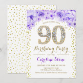 90ste verjaardagsfeestje - witgoud Paarse Kaart (Voorkant / Achterkant)