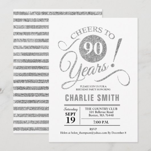 90ste verjaardagsfeestje - zilver wit kaart (Voorkant / Achterkant)