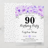 90ste verjaardagsfeestje - zilveren paarse bloemen kaart (Voorkant / Achterkant)