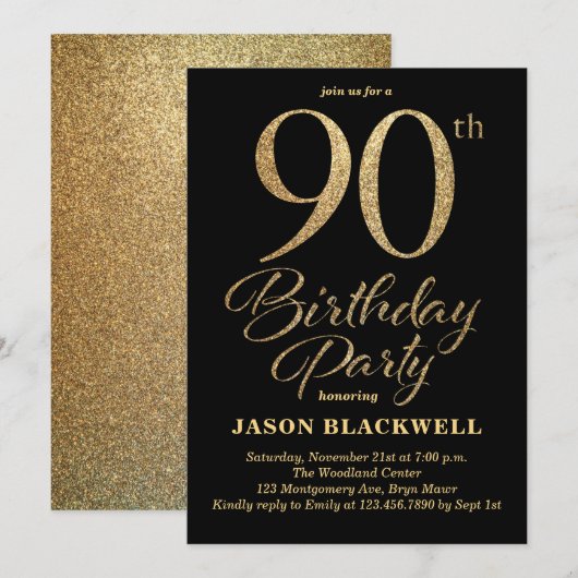 90ste verjaardagsfeestje Zwart & Goud Kaart (Voorkant / Achterkant)