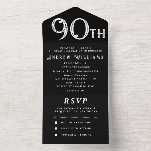 90ste verjaardagsfeestje zwart wit eenvoudig moder all in one uitnodiging (Binnen)
