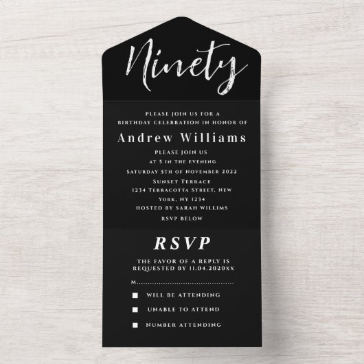 90ste verjaardagsfeestje zwart wit eenvoudig moder all in one uitnodiging (Binnen)
