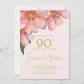 90ste Verjaardagsfoto Blush Roze Gouden Waterverf Kaart (Voorkant)