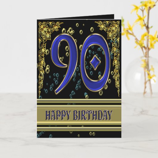 90ste verjaardagskaart met goud en bubbels kaart (Gele Bloem)