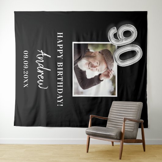 90ste verlichting verjaardagsfeest zwart foto naam wandkleed (In Situ (horizontaal))