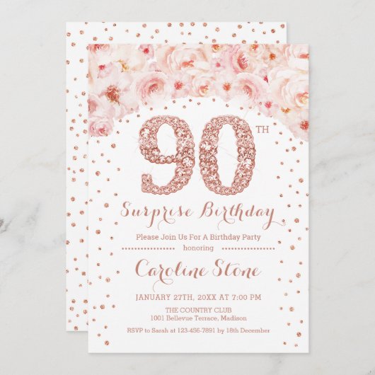 90ste Verrassingsverjaardagsfeestje - Wit Rose Gol Kaart (Voorkant / Achterkant)