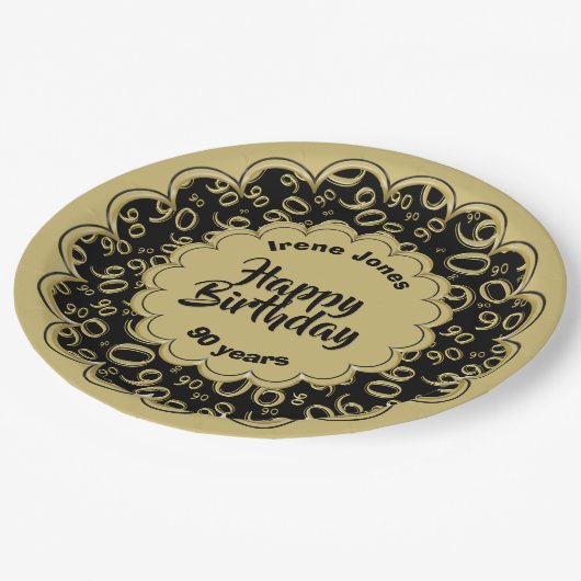 90ste zwart/goud willekeurig getallenpatroon papieren bordje (Gekanteld)