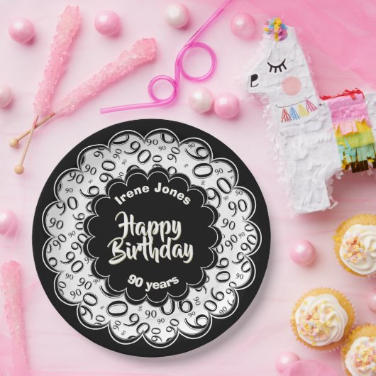 90ste zwart/wit willekeurig getallenpatroon papieren bordje (Feest)