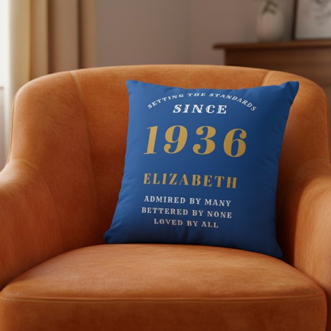 90th Birthday 1936 Add Name Blue Gold Personalized Kussen (1936 blue cushion on orange chair)