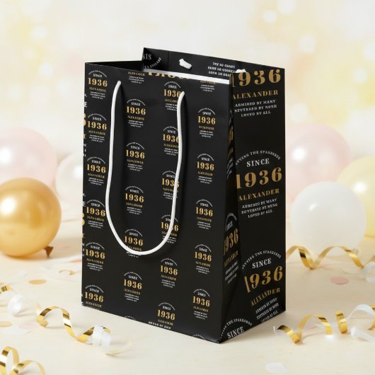 90th Birthday 1936 Black Gold Chic Elegant Medium Cadeauzakje