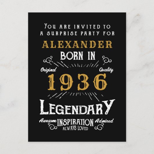 90th Birthday 1936 Black Gold Legend Invitation Briefkaart (Voorkant)