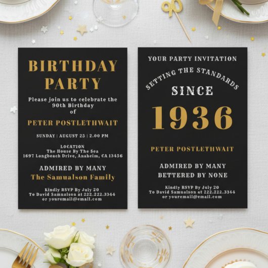 90th Birthday 1936 Black Gold Personalized For Him Kaart