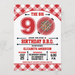 90th Birthday Barbecue Invitation Kaart<br><div class="desc">Viel de Big 9 O op met deze 'Birthday Barbecue'-uitnodiging met een rood warm grill en gingham tablecloth-patroon. Pas je eigen tekst aan. Originele illustratie door pj_design. Neem contact met me op voor alle hulp die je nodig hebt.</div>