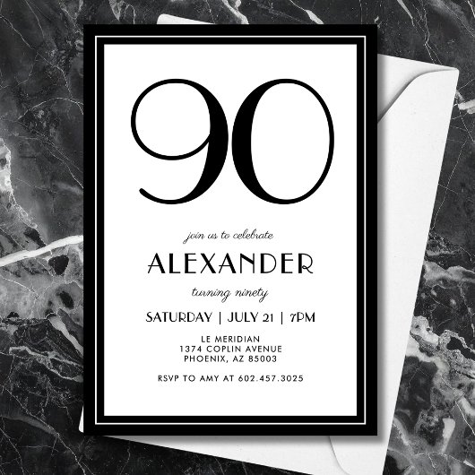 90th Birthday Black and White Modern Minimalist  Kaart