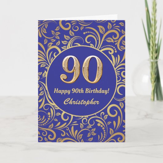 90th Birthday Black en Gold Floral Pattern Kaart (Voorkant)