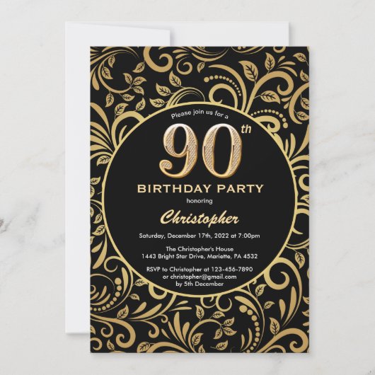 90th Birthday Black en Gold Floral Pattern Kaart (Voorkant)