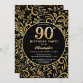 90th Birthday Black en Gold Floral Pattern Kaart (Voorkant / Achterkant)