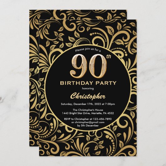 90th Birthday Black en Gold Floral Pattern Kaart (Voorkant / Achterkant)