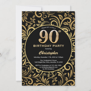 90th Birthday Black en Gold Floral Pattern Kaart