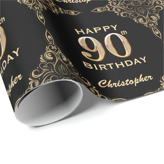 90th Birthday Black en Gold Glitter Lijst Cadeaupapier (Rol Hoek)