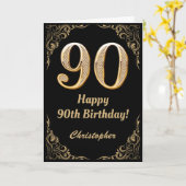 90th Birthday Black en Gold Glitter Lijst Kaart (Gele Bloem)
