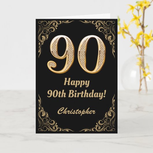 90th Birthday Black en Gold Glitter Lijst Kaart (Gele Bloem)