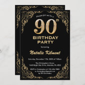 90th Birthday Black en Gold Glitter Lijst Kaart (Voorkant / Achterkant)