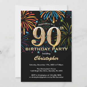 90th Birthday Black en Gold Rainbow Fireworks Kaart