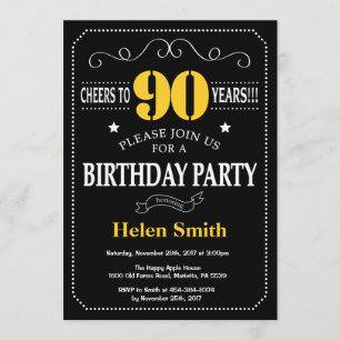 90th Birthday Black en Yellow Chalkboard Kaart