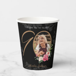 90th Birthday Black Gold Elegant Floral Custom Papieren Bekers