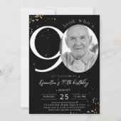 90th Birthday Black Gold Invitation Kaart Foto (Voorkant)