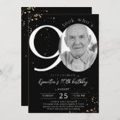 90th Birthday Black Gold Invitation Kaart Foto (Voorkant / Achterkant)