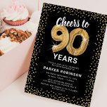 90th Birthday Black Gold Kaart<br><div class="desc">Elegante negentigste verjaardagsfeestuitnodiging met een stijlvolle zwarte achtergrond die kan worden gewijzigd in elke kleur,  goud sprankelend glitter,  negentig gouden helliumballonnen en een moderne 90ste verjaardagsviering tekst sjabloon die gemakkelijk te personaliseren is.</div>