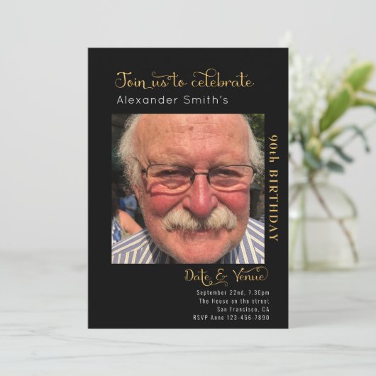 90th Birthday Black Invitation Kaart (Staand voorkant)