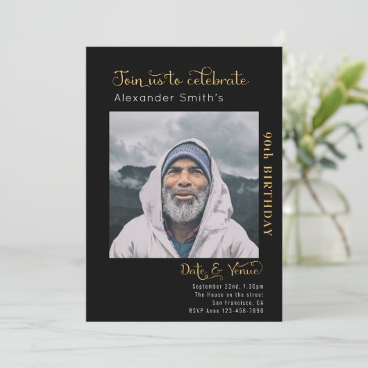 90th Birthday Black Kaart (Staand voorkant)