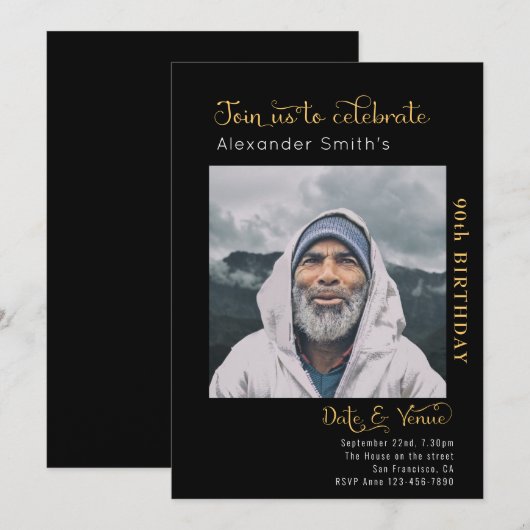 90th Birthday Black Kaart (Voorkant / Achterkant)