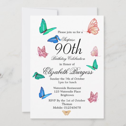 90th Birthday Black White Butterfly Birthday Invi Kaart (Voorkant)